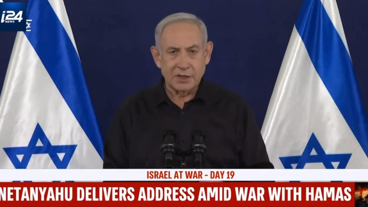 Benjamin Netanyahu gives a televised address. Picture: i24 News