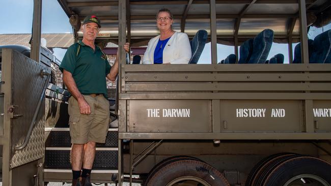 Head of The Darwin History and Wartime Experience David Leck and Shadow Tourism Minister Marie-Clare Boothby as CLP has pledged $3m to establish the NT as a military tourism destination if it wins the election. Picture: Pema Tamang Pakhrin