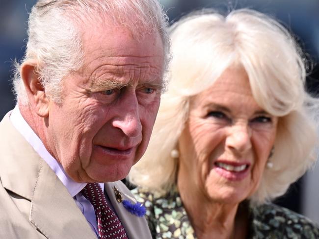 KING'S LYNN, ENGLAND - JULY 26: Queen Camilla watches as a wasp flies close to King Charles III during their visit to Sandringham Flower Show at Sandringham House on July 26, 2023 in King's Lynn, England. Many of East Anglia's leading nurseries and horticultural specialists exhibit at the one-day show which attracts around 20,000 visitors, and this year the show celebrates its 140th year. The profits from each show are donated to local charities and to date the Show Committee has given around ÃÂ£825,000 to good causes. (Photo by Jeff Spicer/Getty Images)