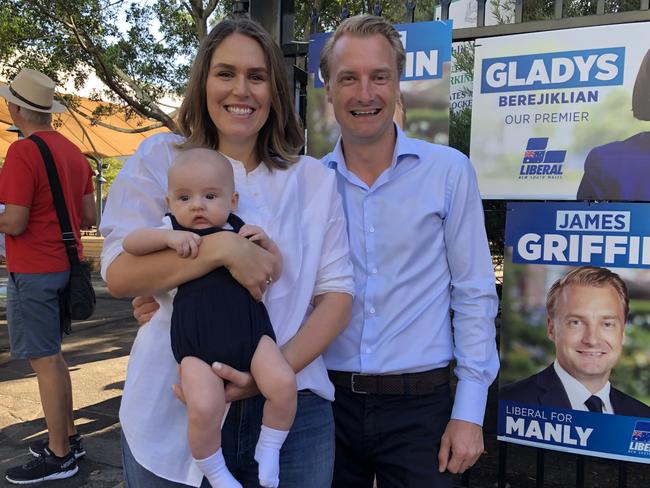 Manly Liberal MP James Griffin with wife Elissa and son Ted, three months, outside Manly Village Public School polling booth. Picture: Julie Cross.