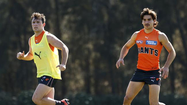 GWS forwards Brent Daniels (left) and Toby Bedford will enter the season coming off uninterrupted summers, which has excited vice-captain Josh Kelly. Picture: Phil Hillyard