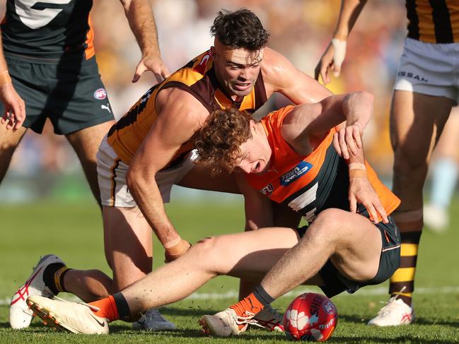 Conor Nash of the Hawks and Tom Green of the Giants do battle during Gather Round in Adelaide last week. (Photo by Sarah Reed/AFL Photos via Getty Images)