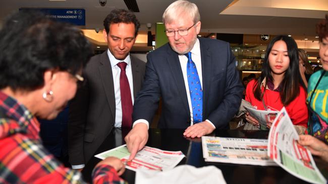 Kevin Rudd and Labor’s candidate for Banks, Chris Gambian, in Sydney today. Picture: AAP