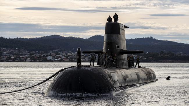 Royal Australian Navy submarine HMAS Sheean arrives for a logistics port visit in Hobart. Picture: Getty