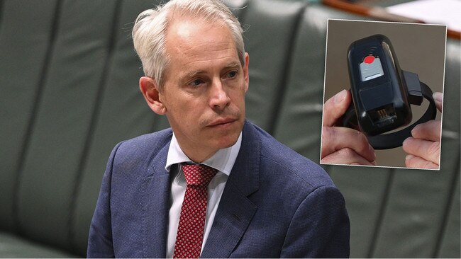 Immigration Minister Andrew Giles and (inset) an electronic monitoring bracelet.