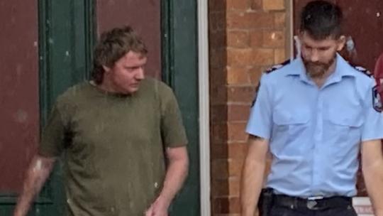 Simon Geoffrey Jeremy leaves Gympie District Court after pleading guilty to charges including burglary and attempting to pervert the course of justice.