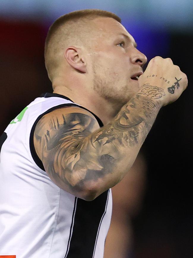 Jordan De Goey of the Magpies celebrates a goal in the 2021 season. Picture: Michael Klein