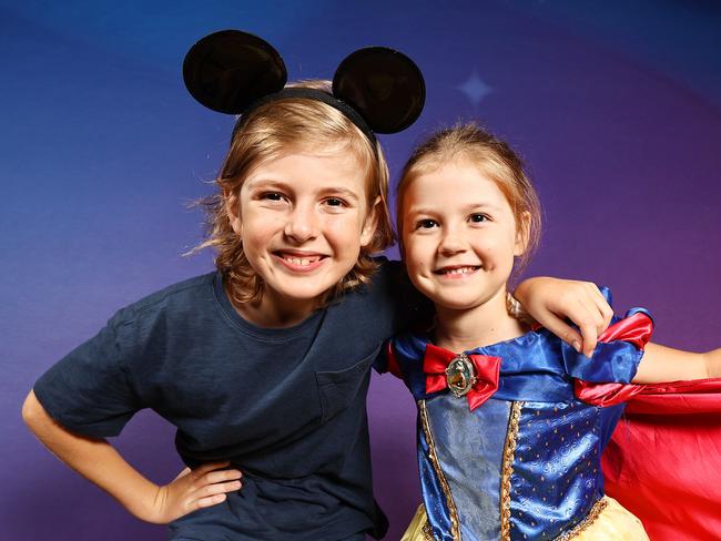 Thomas Laidsaar, 9, and Charlotte Laidsaar, 5, as tickets go on sale for the Disney Exhibition at Queensland Museum. Pics Tara Croser.