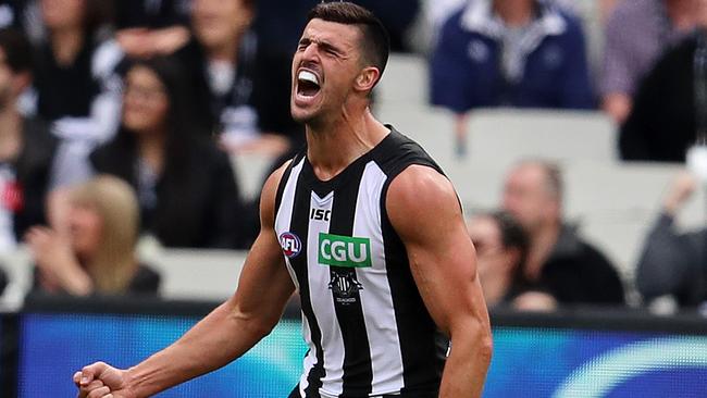 Scott Pendlebury celebrates a first quarter goal. Picture: Michael Klein