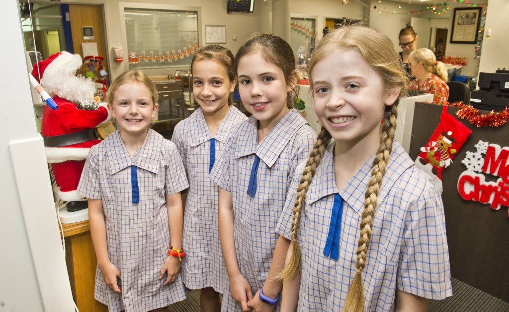 VOICES AT ST VINCENTS: Spreading Christmas cheer to patients at St Vincents Hospital are Mater Dei Primary School students (from left) Zia Foster, Emma Holzheimer, Ruby Surawski and Olivia Nason. Tuesday, 4th Dec, 2018. Picture: Nev Madsen