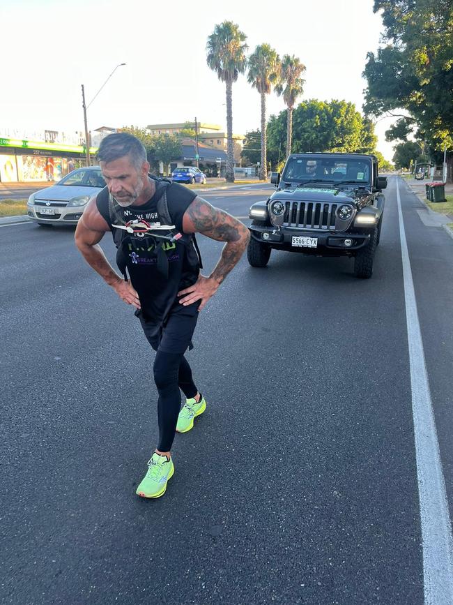 Gold Coast based mindset coach Damien Rider pulled a 2.8 tonne Jeep truck 12km on in Adelaide on Sunday in support of Breakthrough Mental Health Research Foundation. Picture: Supplied