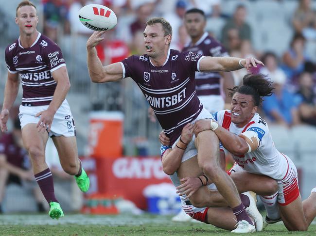 WOLLONGONG, AUSTRALIA – MARCH 30: Tom Trbojevic of the Sea Eagles drops the ball during the round four NRL match between St George Illawarra Dragons and Manly Sea Eagles at WIN Stadium, on March 30, 2024, in Wollongong, Australia. (Photo by Mark Metcalfe/Getty Images)