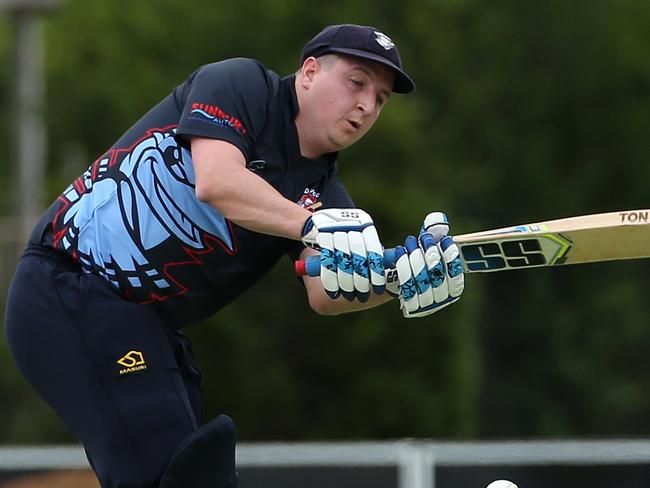 GDCA Cricket: Diggers Rest Bulla v East Sunbury: Jayden Schwarze of Diggers Rest Bulla batting on Saturday, December 4, 2021 in Diggers Rest, AustraliaPhoto: Hamish Blair