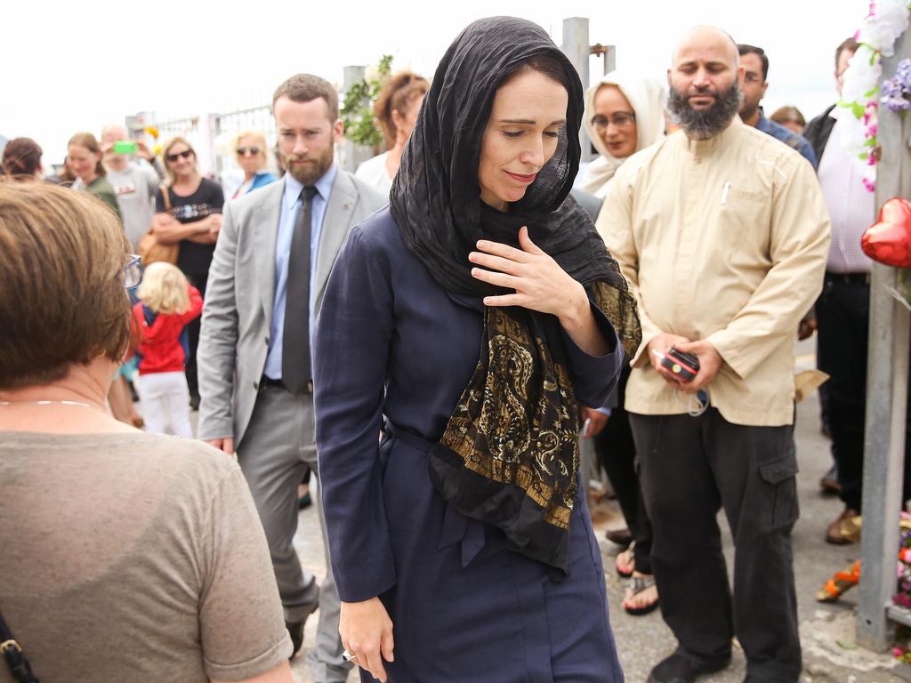 NZ Prime Minister Jacinda Ardern visits the Kilbirnie Mosque in Wellington, where she met the families of victims. Picture: Getty Images