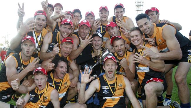 The Albury Tigers celebrate their Grand Final win over the Lavington Panthers. Picture: Yuri Kouzmin