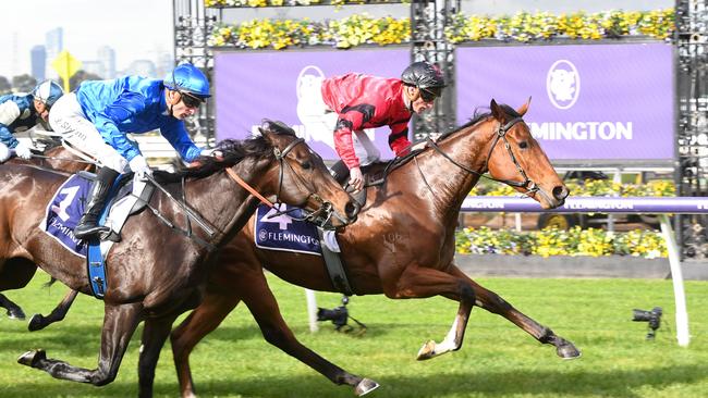 Sneaky Sunrise, ridden by Daniel Stackhouse, wins the Ken Cox Handicap at Flemington. Picture: Brett Holburt/ Racing Photos