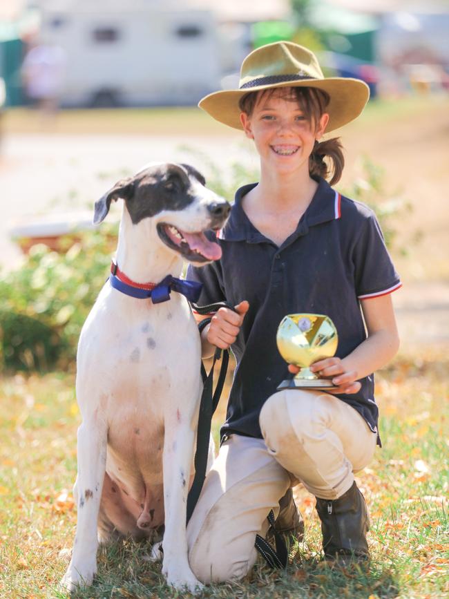 Jennifer Hunt with her pooch 2 Patch winsBest Personality on day two of the Royal Darwin Show. Picture: Glenn Campbell