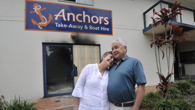 Denise and Steve Ryan outside Anchors Wharf. The couple have remained positive despite the huge damage sustained at their much loved restaurant. Photo: Tim Jarrett