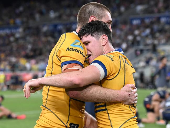 Shaun Lane and Mitchell Moses celebrate being the Cowboys. Picture: Bradley Kanaris/Getty