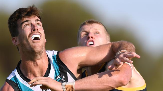 ADELAIDE, AUSTRALIA - MARCH 02: Scott Lycett of Port Adelaide competes with Reilly O'Brien of the Adelaide Crows  during the match between Adelaide and  Port Adelaide at Memorial Oval Port Pire on March 02, 2019 in Adelaide, Australia. (Photo by Mark Brake/Getty Images)