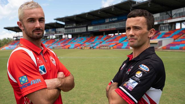 Waratah vice-captain Dylan Collis and Southern Districts captain Dean Staunton ahead of the 2022-23 NTFL grand final. Picture: Pema Tamang Pakhrin