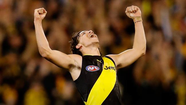 Daniel Rioli celebrates as siren sounds on Richmond’s preliminary final win.