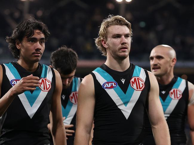 MELBOURNE, AUGUST 5, 2023: 2023 AFL Football - Round 21 - Geelong Cats V Port Adelaide Power at GMHBA Stadium. Jason Horne-Francis of the Power  after the loss. Picture: Mark Stewart