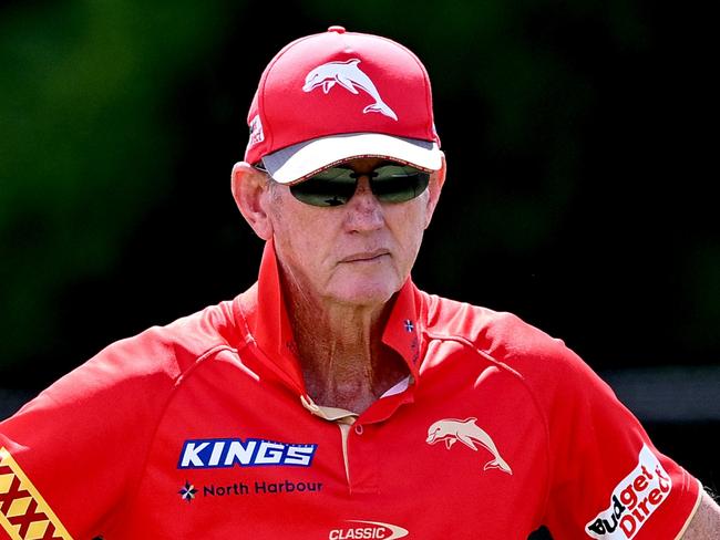 BRISBANE, AUSTRALIA - MARCH 07: Coach Wayne Bennett is seen during a Dolphins NRL training session at Kayo Stadium on March 07, 2024 in Brisbane, Australia. (Photo by Bradley Kanaris/Getty Images)