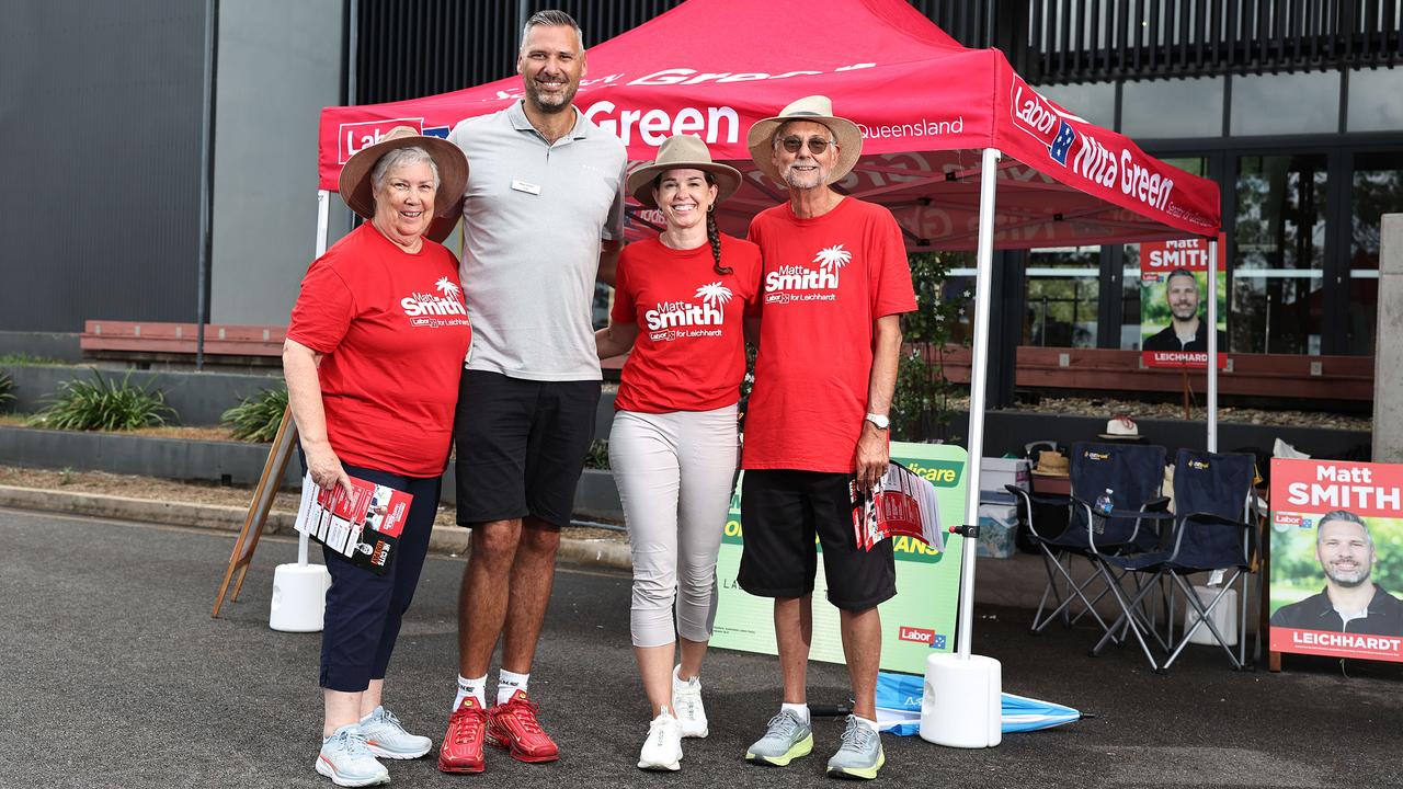 Labor candidate for the federal seat of Leichhardt Matt Smith, with his partner Renee Kerr and parents Wendy Smith and Mike Smith ahead of the federal election at the pre-polling centre at Tjapukai Cultural Park in Smithfield. Picture: Brendan Radke