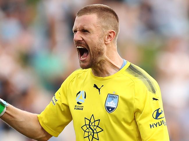 SYDNEY, AUSTRALIA - JANUARY 13: Andrew Redmayne of Sydney celebrates after Siem de Jong of Sydney scores a goal during the round 13 A-League match between Sydney FC and Adelaide United at WIN Jubilee Stadium on January 13, 2019 in Sydney, Australia. (Photo by Brendon Thorne/Getty Images)