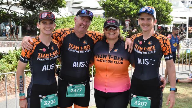 Sarah, Leon and their twin sons Riley and Ryan Billingham who finished second and third in the U15-19 age division at the 2023 Mooloolaba Triathlon.