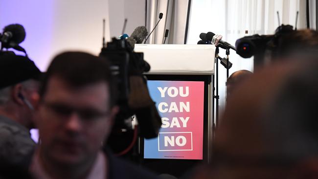 Members of the media wait ahead of the press conference held by the Coalition For Marriage at the Intercontinental Hotel. (AAP Image/Peter Rae)