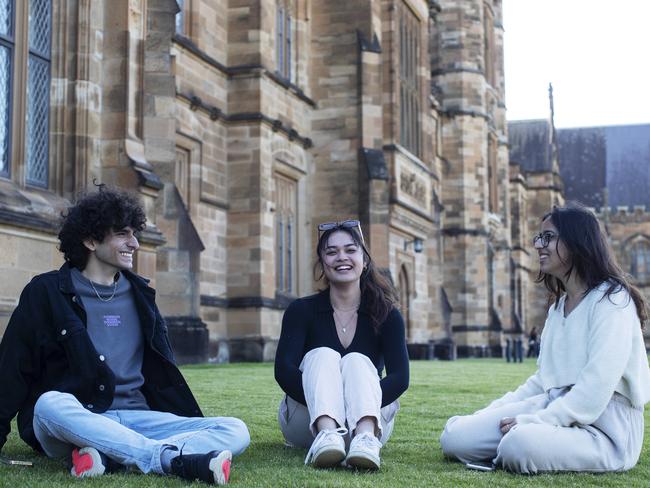 (L to R) International students Vaastav Varma, Tamara Bruers and Aashna Kotwani at Sydney University on Sunday, 28 August 2022. Picture: Nikki Short