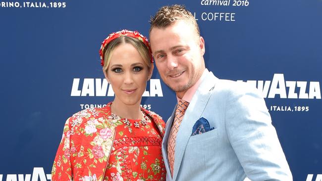 Bec Hewitt and Lleyton Hewitt in the Birdcage on Melbourne Cup Day.
