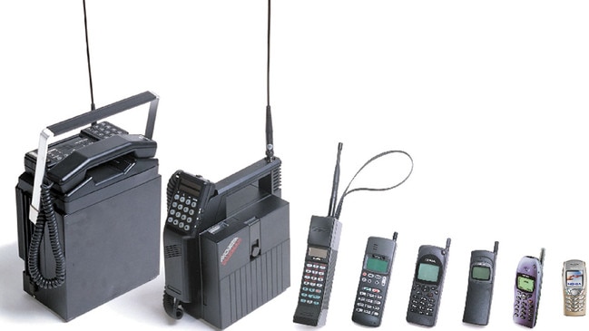 Early-model mobile phones such as the Mobira Senator car phone, which weighed 10kg, compared with shrinking handsets through to one released in 2004.