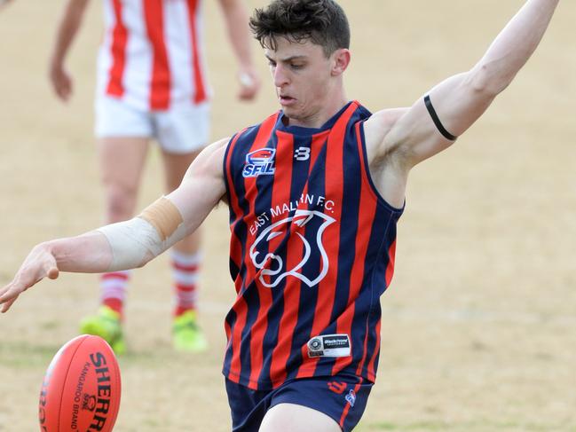 Southern FNL Division 1 preliminary final: East Malvern v Mordialloc at Springvale Reserve. East Malvern #1 Luke Duffy slots the first  goal. Picture: AAP/ Chris Eastman