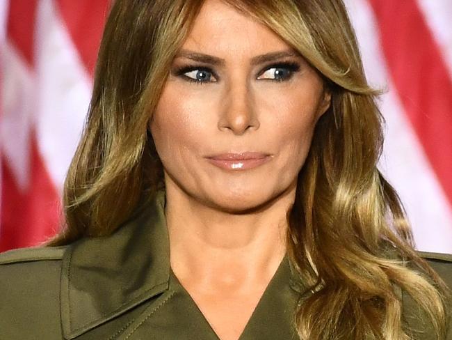 TOPSHOT - US First Lady Melania Trump addresses the Republican Convention during its second day from the Rose Garden of the White House August 25, 2020, in Washington, DC. (Photo by Brendan Smialowski / AFP)