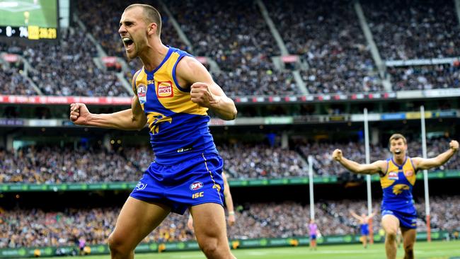 Dom Sheed celebrates his match-winning goal. Picture: Nicole Garmston