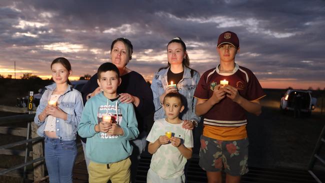 Brook Boase, 13, Anthony Boase, 10, Annette Boase, Jet Boase 7, Kayla Boase and Credence Boase, 15, pay tribute to Nathan Turner. Picture: Steve Vit