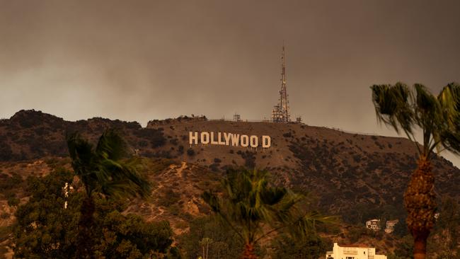 The Hollywood Sign surrounded by smoke on January 8. Picture: AaronP/Bauer-Griffin/GC Images