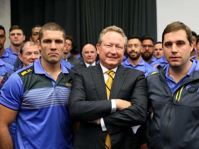 5/09/2017Matt Hodgson Force 2017 captain, Andrew Forrest and David Wessels coach 2017.Andrew Forrest , Western Force coaching staff, players, administration staff and board members meet at RugbyWA Hq to discuss what they are to do after western Force lost their court case, at Floreat.pic Colin Murty The Australian