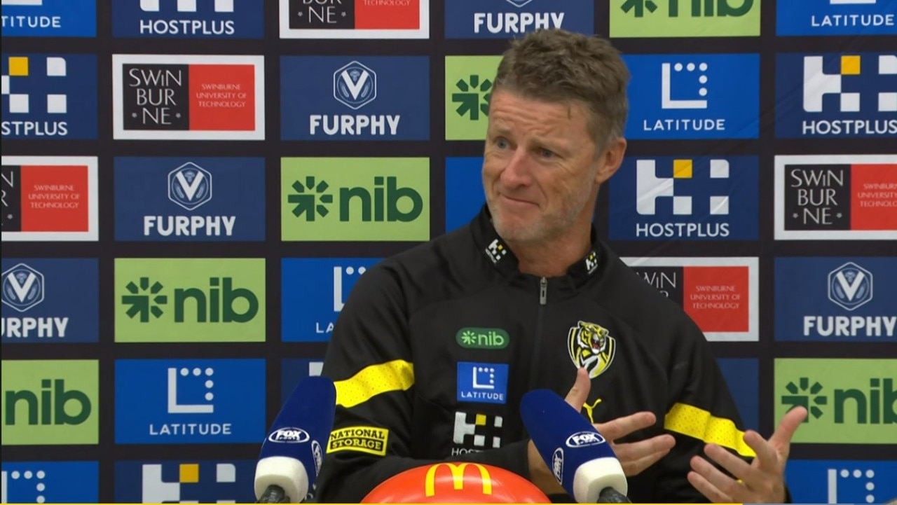 Richmond coach Damien Hardwick speaks at the post game press conference after Richmond's win over the West Coast Eagles