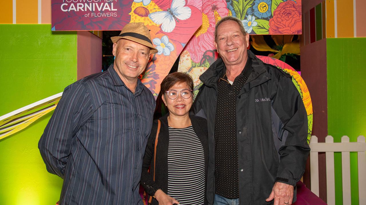 (From left) Stewart Lange, Carol Teuwsen and Andre Teuwsen. Toowoomba Carnival of Flowers Festival of Food and Wine. Saturday, September 14, 2024. Picture: Nev Madsen