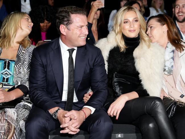 Karl Stefanovic and Jasmine Yarbrough with her sister Jade Yarbrough (left) sitting front row of the Justin Cassin show at Mercedes-Benz Fashion Week at the Carriageworks. Picture: Jonathan Ng