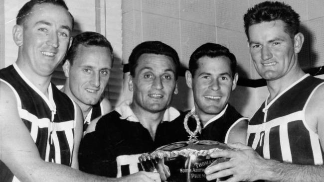 Geof Motley, right, with other 1950s Magpies heroes — who won six consecutive SANFL premierships from 1954-1959 — were honoured in the Port Adelaide Football Club Hall of Fame last week.