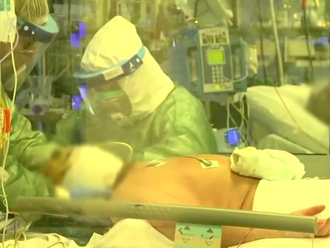 A coronavirus patient in an Italian hospital’s intensive care unit.