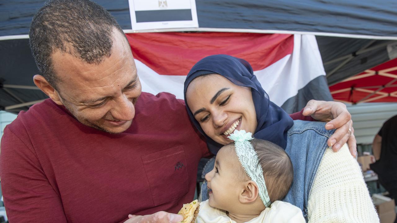 Ahmed Alnaggar with his wife Samar Desouky and daughter Hannah Alnaggar. 9th Annual Toowoomba International food festival and Mosque open day. Saturday, June 25, 2022. Picture: Nev Madsen.