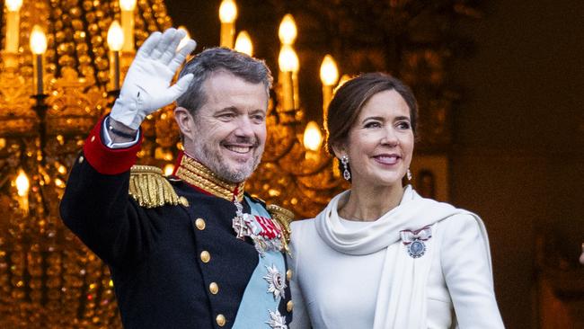 King Frederik X with Queen Mary on the balcony at Amalienborg Castle on Sunday. Picture: Getty Images