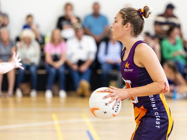 Ava Guthrie of Sunshine Coast against Darling Downs in Queensland School Sport 13-15 Years Girls Netball Championships at The Clive Berghofer Sports Centre, The Glennie School, Friday, May 6, 2022. Picture: Kevin Farmer