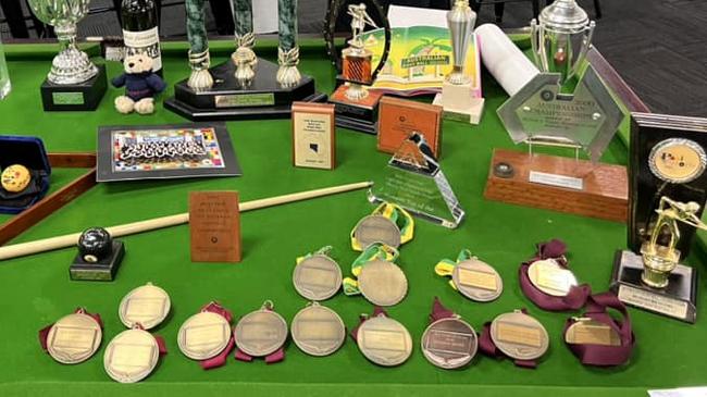 Trophies, shirts and achievements from Sharron Brown's Eight Ball career.